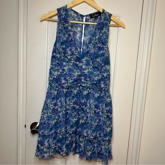LULUS Sweet Type of Love Blue Floral Print Ruffle Tiered Mini Dress V-Neck Small - Picture 7 of 10